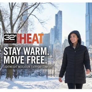 32 Degrees Heat Hooded Puffer Jacket Stretch Water Resistant Black XXL